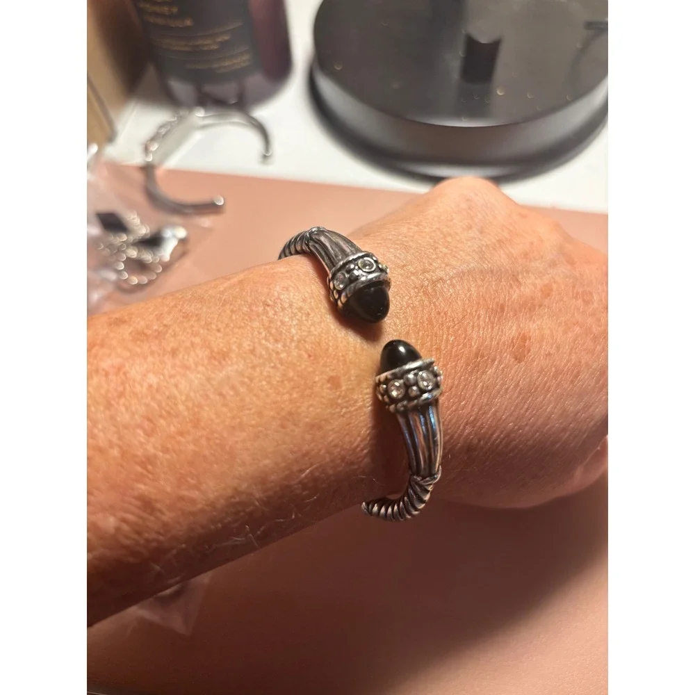 Silver Tone Cable Cuff Bracelet Black Cabochon Rhinestone Hinged Twisted Rope